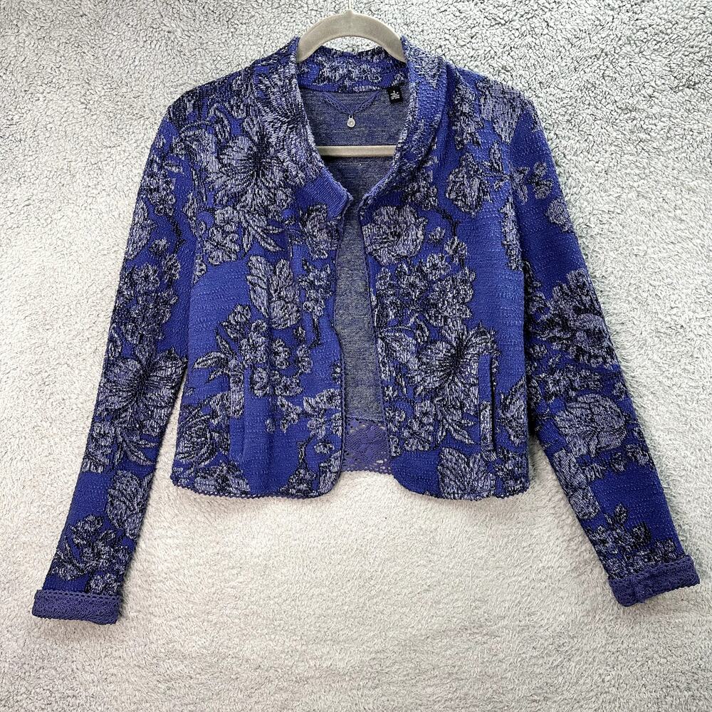 Knitted & Knotted Women's Small Blue Open Front Cardigan‎ Floral Lace Trim EUC